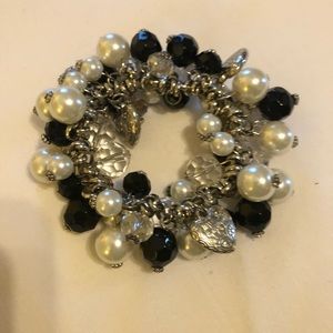 Bangle, Beaded Boho Bracelet In Black,Silver and Faux Pearl